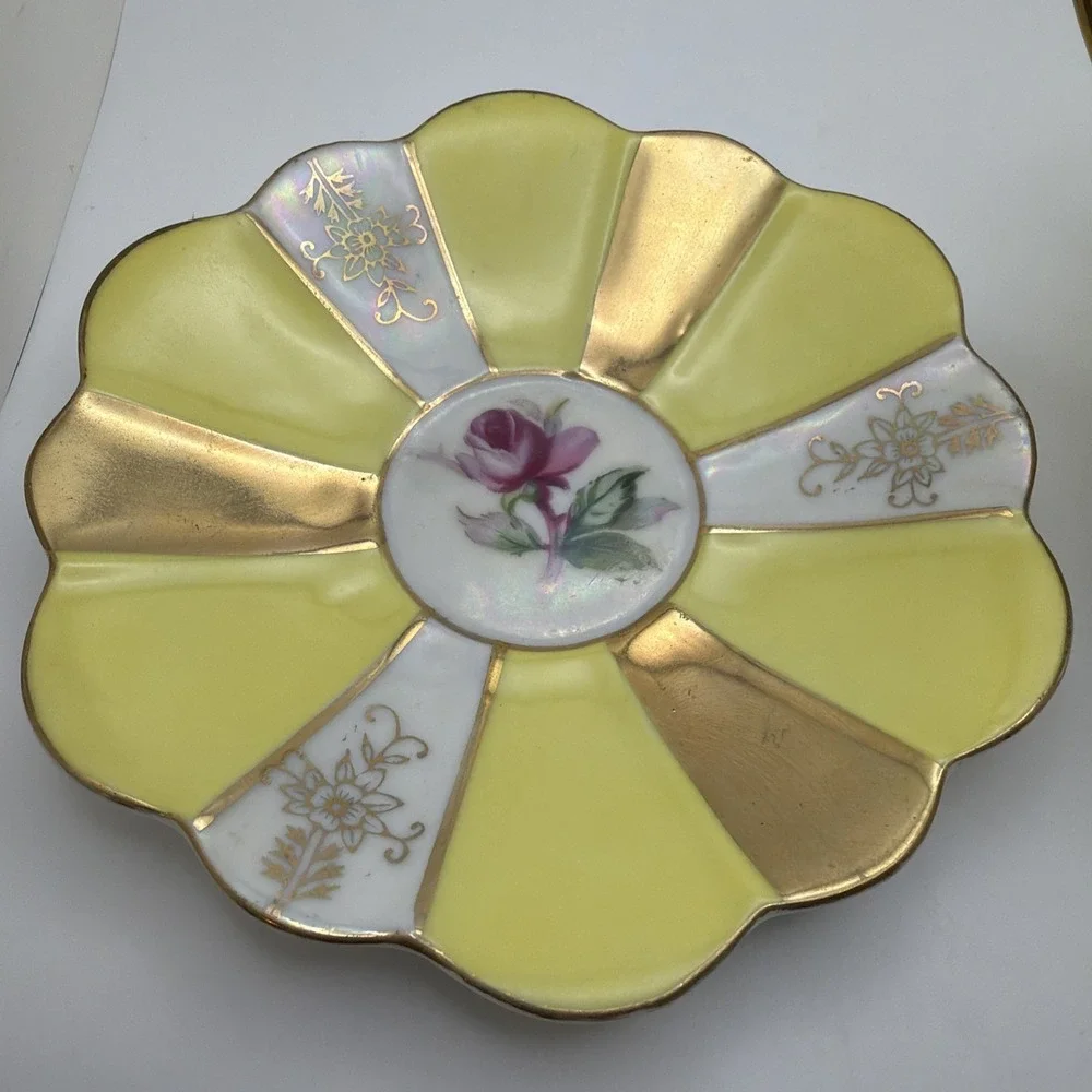 Vintage Wales Porcelain Footed Tea Cup Saucer Set Yellow Gold Lusterware Rose